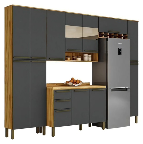 Cozinha Completa Modulada 5 Peças com Tampo e Vidro Reflecta 100% MDF Itália Espresso Móveis Amêndoa/Chumbo