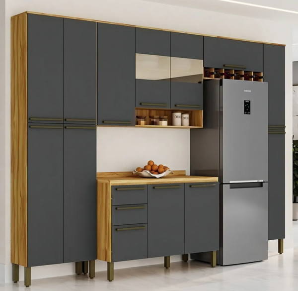 Cozinha Completa Modulada 5 Peças com Tampo e Vidro Reflecta 100% MDF Itália Espresso Móveis Amêndoa/Chumbo - Image 2