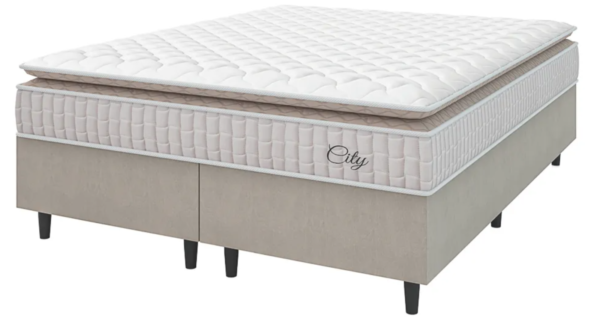 Cama Box Colchão Casal King Molas Ensacadas City Pillow Top 193x203x61cm Bege e Branco Hellen