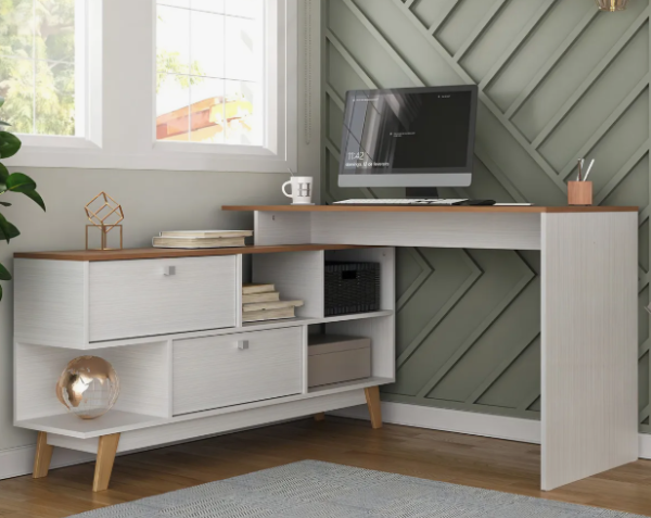 Mesa Para Escritório Escrivaninha Em L Retrô 136x120cm Hecol Móveis HO-2984 Branco e Nogal - Image 2