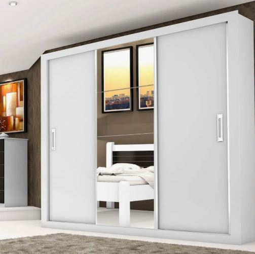 Guarda Roupa Casal Com Espelho 3 Portas De Correr Lara Ci Branco - Image 4