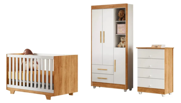 Quarto de Bebê Completo com Berço, Cômoda e Guarda-Roupa em MDF