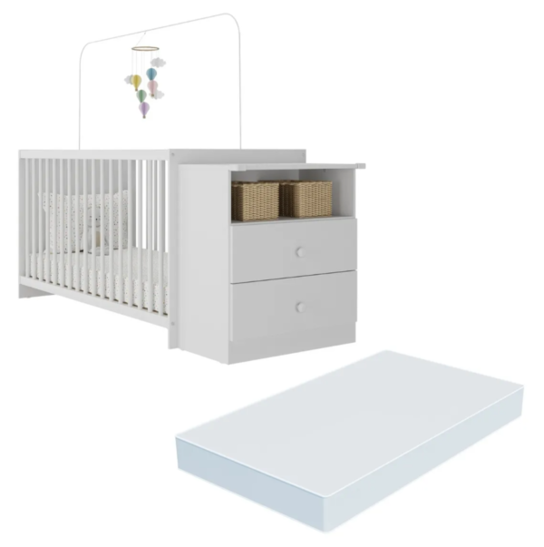 Berço com Cômoda e Colchão D18 Branco Meu Bebê Multimóveis – 2 Gavetas e 3 Alturas