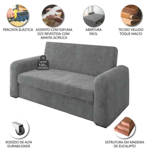 Sofá Cama Versátil 2 Lugares Veludo Selmer Cinza - Image 3