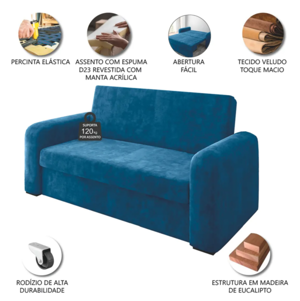 Sofá Cama Versátil 2 Lugares Veludo Selmer Estofados Azul - Image 4