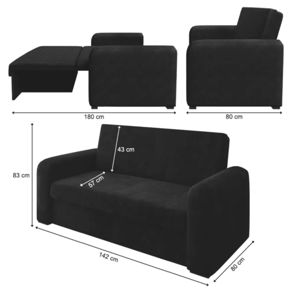 Sofá Cama Versátil 2 Lugares Veludo Preto Selmer Estofados - Image 4