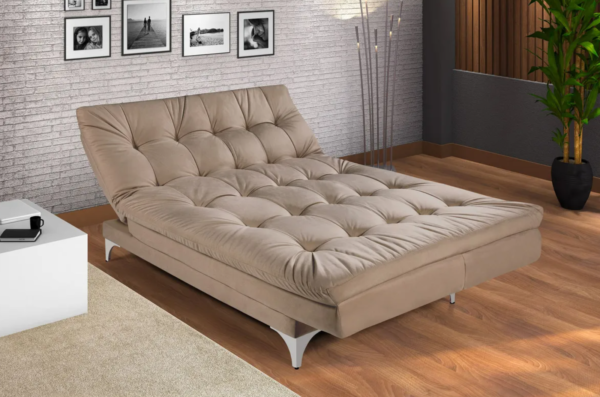 Sofá-cama 3 Lugares Casal Versátil Veludo Liso Areia Império Estofados - Image 5