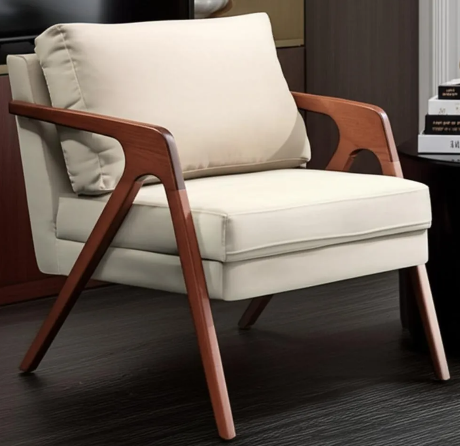 Poltrona Corino Decorativa Cadeira Moderna Madeira Sala Bege - Image 4