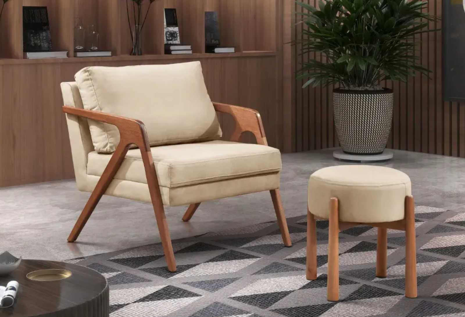 Poltrona Corino Decorativa Cadeira Moderna Madeira Sala Bege - Image 3