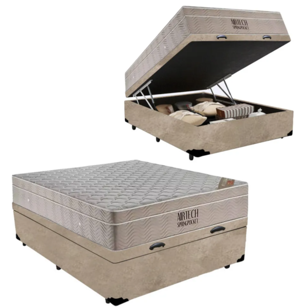 Cama Box Baú Casal + Colchão Molas Airtech Ortobom 138cm Bege