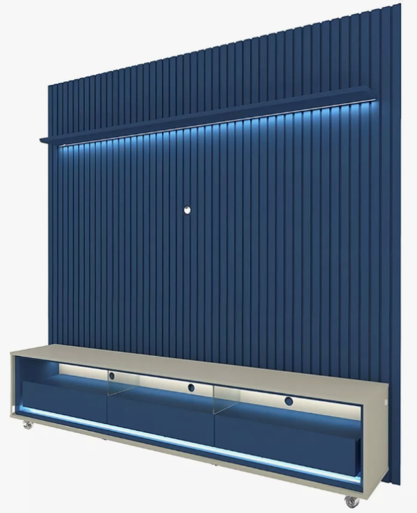 Rack com Painel Ripado para TV até 85 Polegadas LED 3 Gavetas com Rodízios 230cm Naturale Azul Royal/Off White