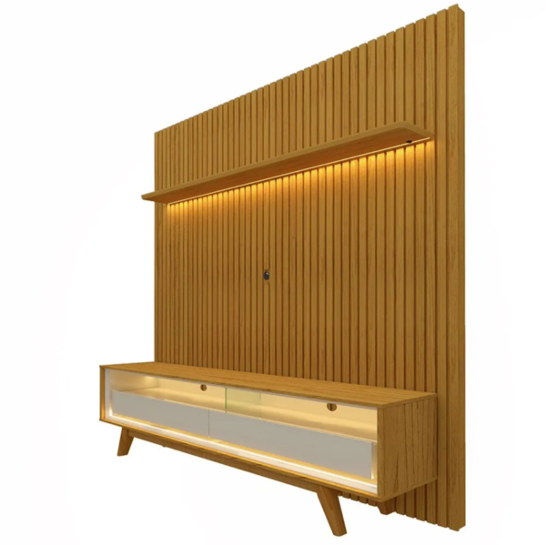 Painel Para Tv Ripado Led 2 Gavetas 2 Prateleiras Com Pés Naturale