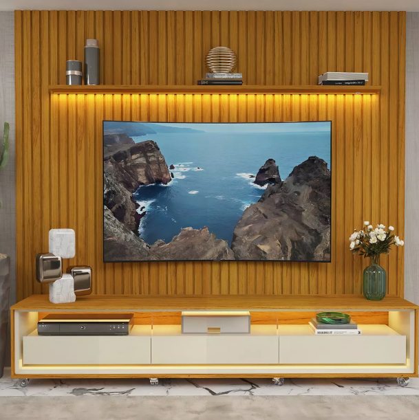 Rack Com Painel Para Tv Até 85 Polegadas Led 3 Gavetas Com Rodízios Nobre/requinte 275cm - Image 4