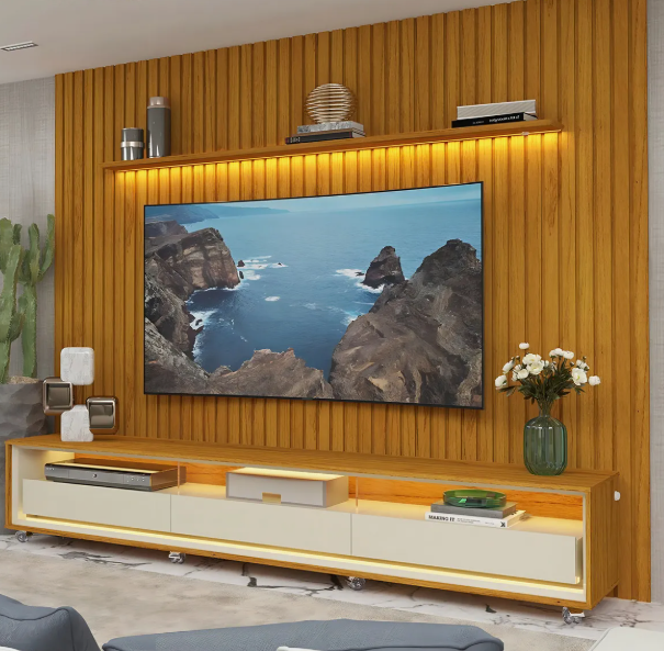 Rack Com Painel Para Tv Até 85 Polegadas Led 3 Gavetas Com Rodízios Nobre/requinte 275cm - Image 3