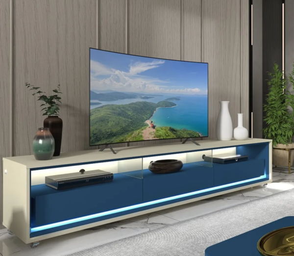 Rack Para TV até 85 Polegadas Com LED E Rodízios Requinte 211cm Off White/Azul Royal - Image 2