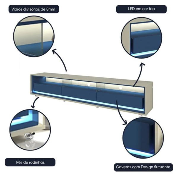 Rack Para TV até 85 Polegadas Com LED E Rodízios Requinte 211cm Off White/Azul Royal - Image 3