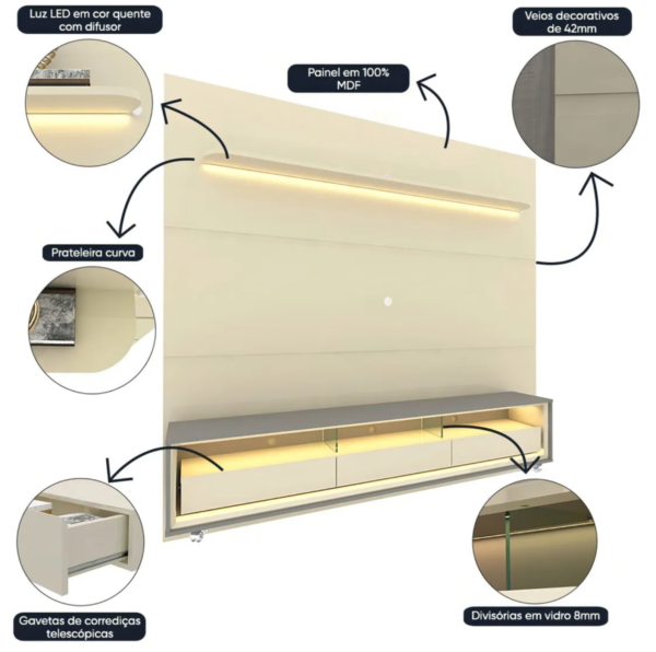 Rack Com Painel Para Tv até 85 Polegadas Led 3 Gavetas com Rodízios - Image 3