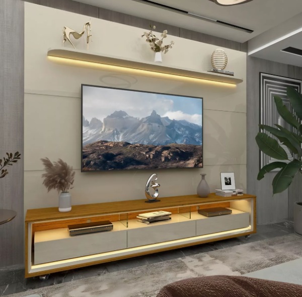 Rack com Painel para TV até 85 Polegadas Led 3 Gavetas com Rodízios 220cm Royal Requinte - Image 2