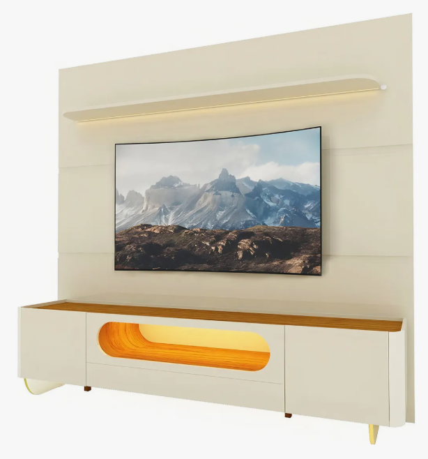 Rack Bancada Nobre com rainel para tv até 85 polegadas com pés de vidro e LED Royal Off White/Madeirado Gelius
