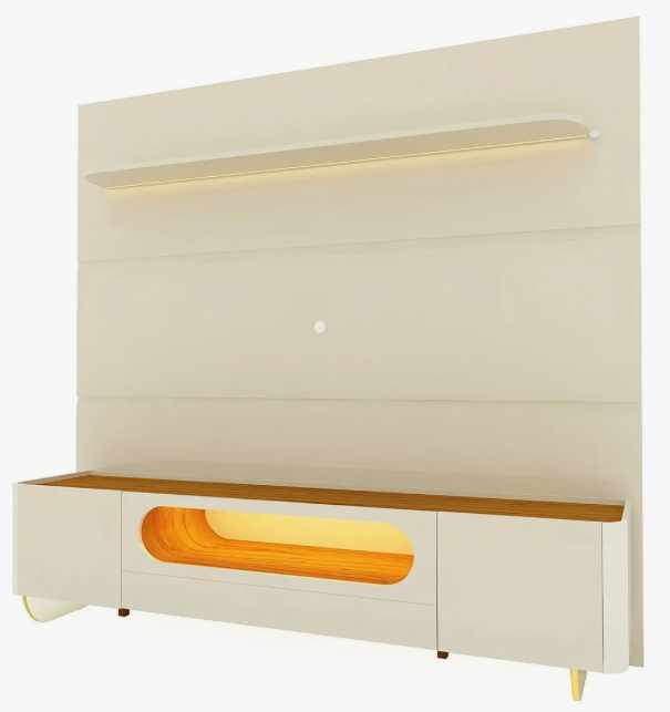 Rack Bancada Nobre com rainel para tv até 85 polegadas com pés de vidro e LED Royal Off White/Madeirado Gelius - Image 2