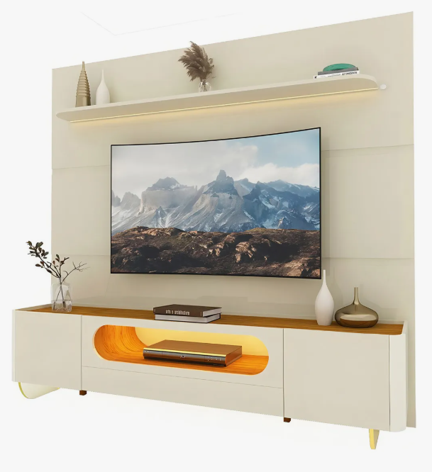 Rack Bancada Nobre com rainel para tv até 85 polegadas com pés de vidro e LED Royal Off White/Madeirado Gelius - Image 4