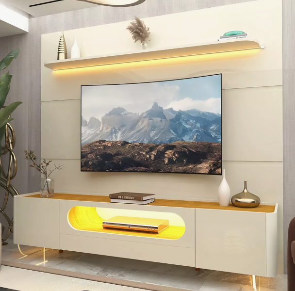 Rack Bancada Nobre com rainel para tv até 85 polegadas com pés de vidro e LED Royal Off White/Madeirado Gelius - Image 3