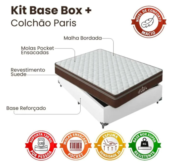 Cama Box Casal + Colchão Paris Molas Ensacadas - Branco - Image 3