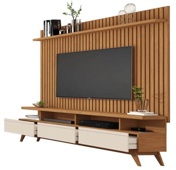 Rack Vivare Wood Com Painel Ripado Para TV Até 72 Polegadas Classic Nature/Off White