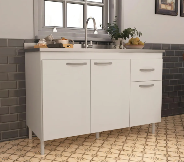 Balcao Para Pia Gabinete Para Cozinha 120 Cm Sem Tampo Com Portas E Gaveta Creta Branco Shark Moveis - Image 2