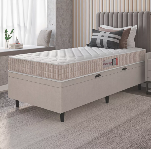 Cama Box Baú Colchão Solteiro Espuma D33 New Millenium 88x188x60cm Branco / Bege Hellen - Image 5