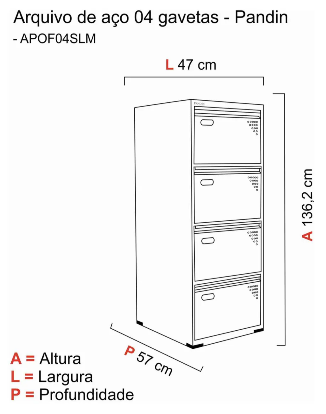 Arquivo De Aço 4 Gavetas Pandin Slm - Cinza - Image 3
